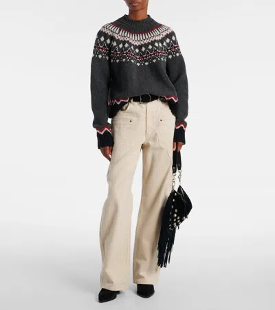 Alanui Wool Crewneck Sweater With Geometric Pattern In Gray