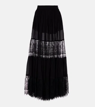Chloé Tiered Long Skirt In Silk Georgette And Lace In Black