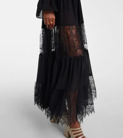 Chloé Tiered Long Skirt In Silk Georgette And Lace In Black