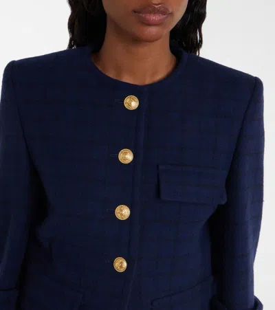 Chloé Boxy Collarless Jacket In Wool Check In Blue