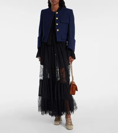 Chloé Boxy Collarless Jacket In Wool Check In Blue
