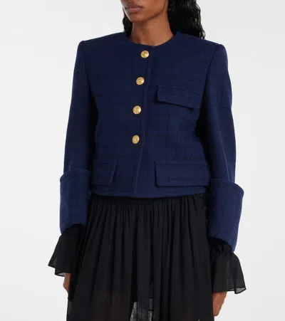 Chloé Boxy Collarless Jacket In Wool Check In Blue