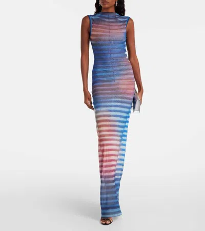 Jean Paul Gaultier Mesh Printed "air" Long Dress In Blue