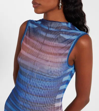 Jean Paul Gaultier Mesh Printed "air" Long Dress In Blue