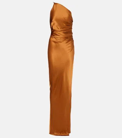 不对称缩褶真丝长礼服