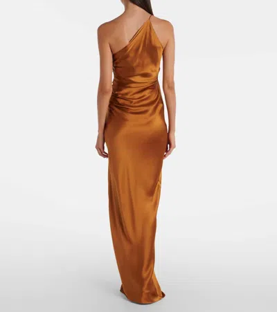 不对称缩褶真丝长礼服