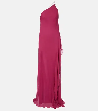 单肩荷叶边真丝长礼服