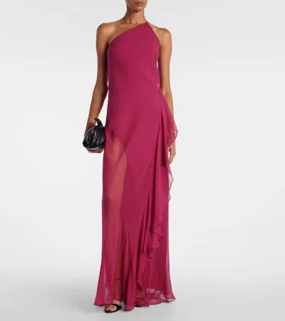 单肩荷叶边真丝长礼服