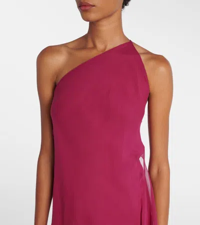 单肩荷叶边真丝长礼服