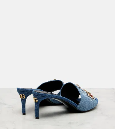 Dolce & Gabbana Embellished Half Cross Denim Slide Sandals In Blue