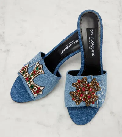 Dolce & Gabbana Embellished Half Cross Denim Slide Sandals In Blue