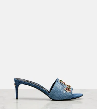 Dolce & Gabbana Embellished Half Cross Denim Slide Sandals In Blue