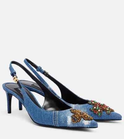 Dolce & Gabbana Denim Patchwork Slingback With Embroidery In Blue