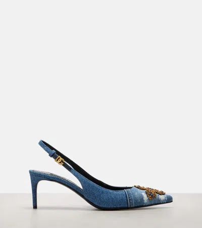 Dolce & Gabbana Denim Patchwork Slingback With Embroidery In Blue