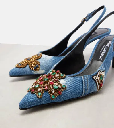 Dolce & Gabbana Denim Patchwork Slingback With Embroidery In Blue
