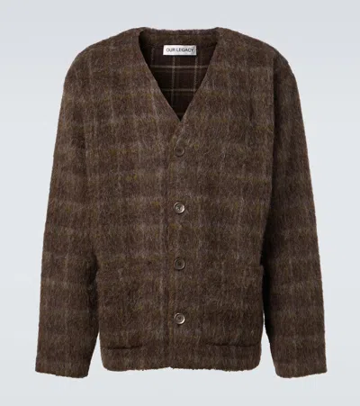 Our Legacy Embroidered Wool Blend V-neck Cardigan With Front Pockets In Brown