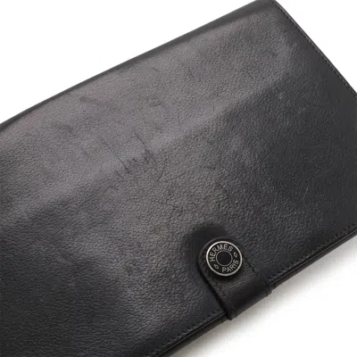 Pre-owned Hermes Black Evergrain Leather Long Wallet (bi-fold) ()