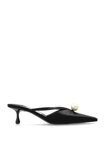 Jimmy Choo Pointed Toe Kitten Heel Sandals With Pearl Embellishment In Black