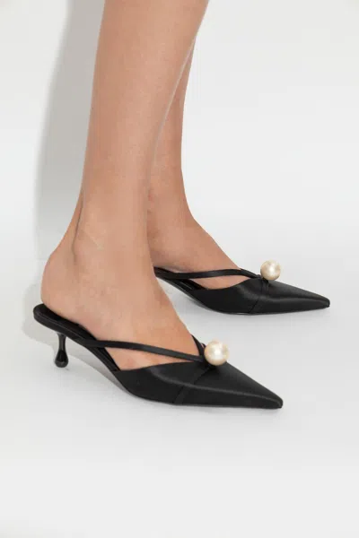 Jimmy Choo Pointed Toe Kitten Heel Sandals With Pearl Embellishment In Black