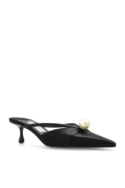 Jimmy Choo Pointed Toe Kitten Heel Sandals With Pearl Embellishment In Black