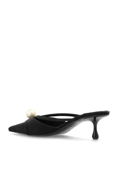 Jimmy Choo Pointed Toe Kitten Heel Sandals With Pearl Embellishment In Black
