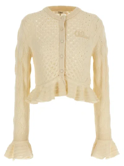 Chloé Latte-colored Crochet Cardigan In Cotton Blend In White