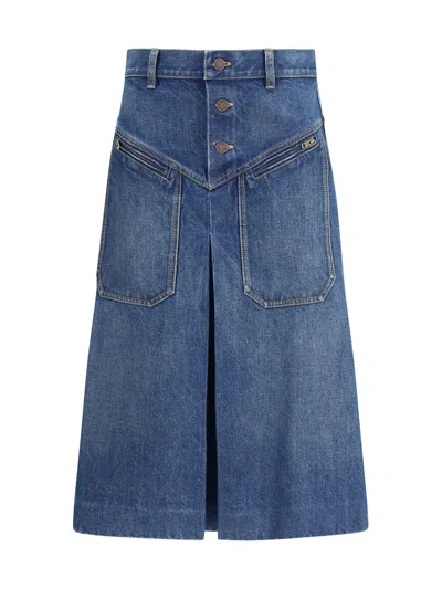 Chloé Button-front Denim Midi Skirt With Patch Pockets In Blue