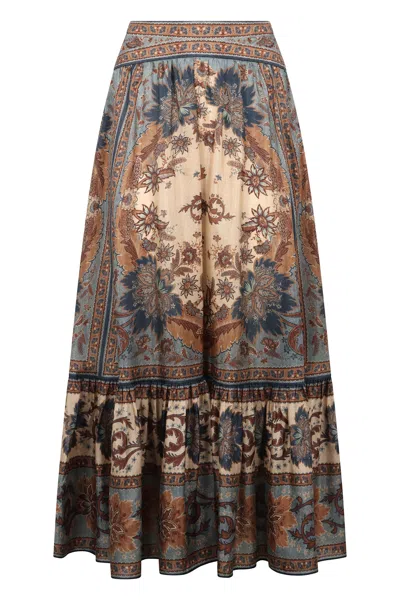 Zimmermann Women Indienne Floral Habotai Silk Ascension Tiered Midi Skirt In Blue