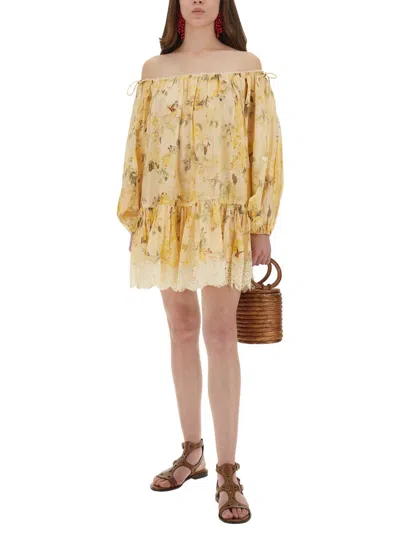 Zimmermann Cascadian Off-the-shoulder Lace-trimmed Printed Cotton-voile Mini Dress In Yellow