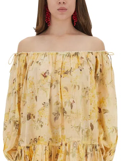 Zimmermann Cascadian Off-the-shoulder Lace-trimmed Printed Cotton-voile Mini Dress In Yellow