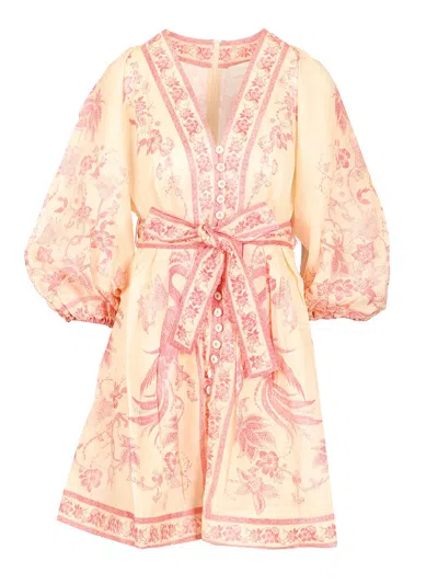Zimmermann Beige Lucky Printed Mini Dress In Pink
