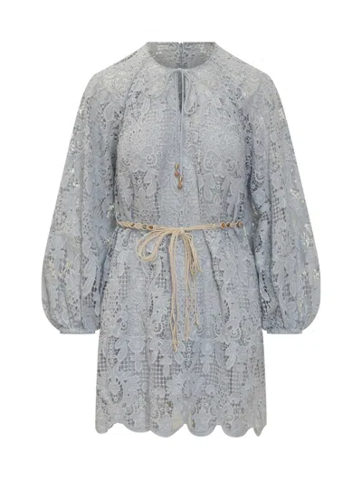 Zimmermann Ascension Lace Mini Dress W/ Belt In Blue