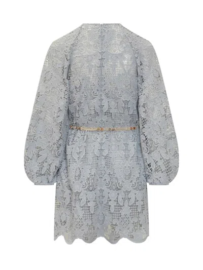 Zimmermann Ascension Lace Mini Dress W/ Belt In Blue