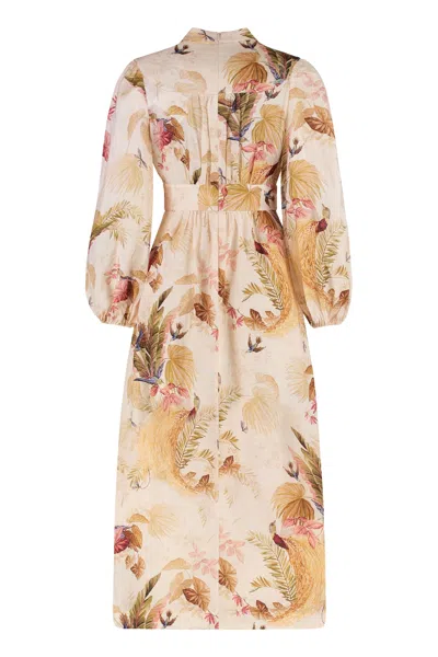 Zimmermann Ascension Linen Plunge Midi Dress In Multi