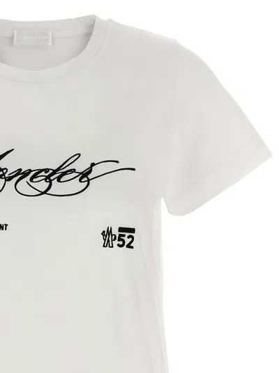 Moncler Cotton T Shirt With Embroidered Cursive Logo In White