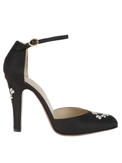 Valentino Floral Embroidered Round Toe Ankle Strap Pumps In Black