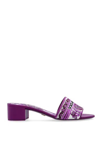 Dolce & Gabbana Embroidered Strap Slide Sandals With Low Block Heel In Purple