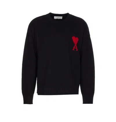 Ami Alexandre Mattiussi Relaxed Fit Black Wool Turtleneck Sweater With Graphic Heart Motif In Black