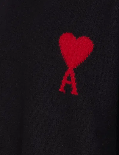 Ami Alexandre Mattiussi Relaxed Fit Black Wool Turtleneck Sweater With Graphic Heart Motif In Black