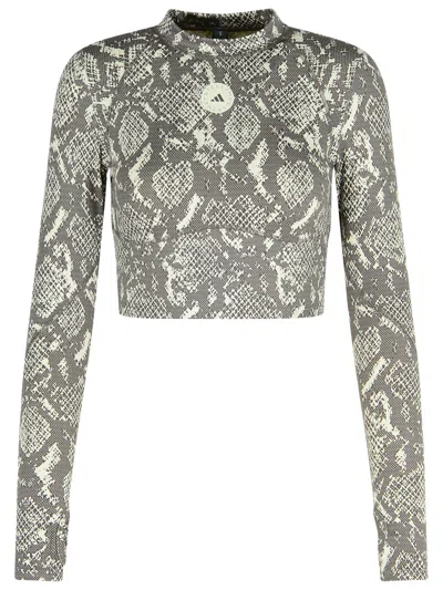 Adidas By Stella Mccartney Cropped Snake-print Stretch Recycled Top In Gray