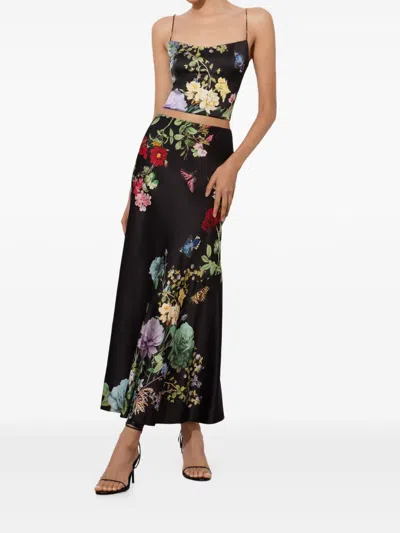 Alice And Olivia Floral-print Midi Skirt In Black