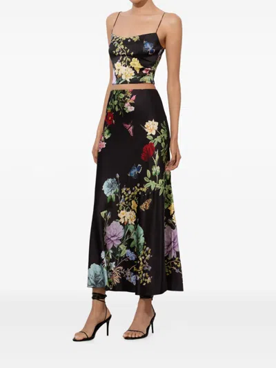 Alice And Olivia Floral-print Midi Skirt In Black