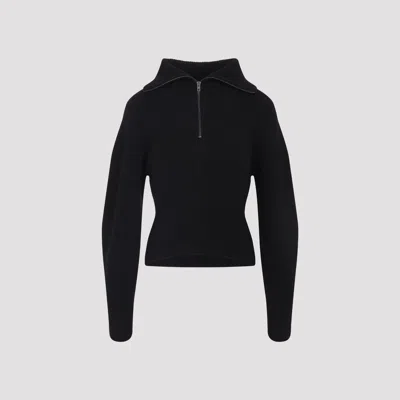 Lemaire High Collar Wool Sweater With Half-zip Closure In Black