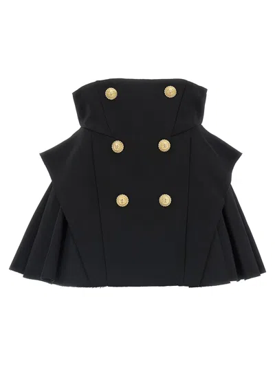 Balmain Button-embellished Pleated Grain De Poudre Wool Mini Skirt In Black