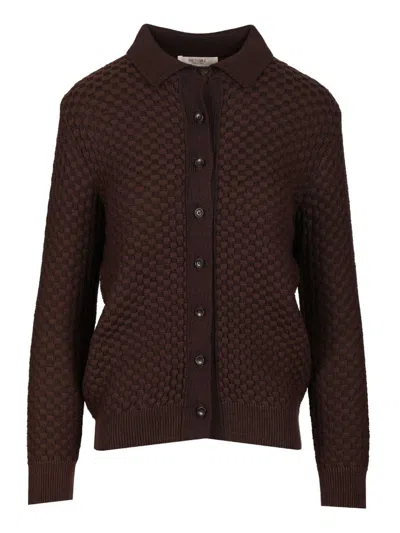 Retori Damier Wool And Silk Jacquard Button Down Cardi With Shirt Collar Knitwear Brown In Brown