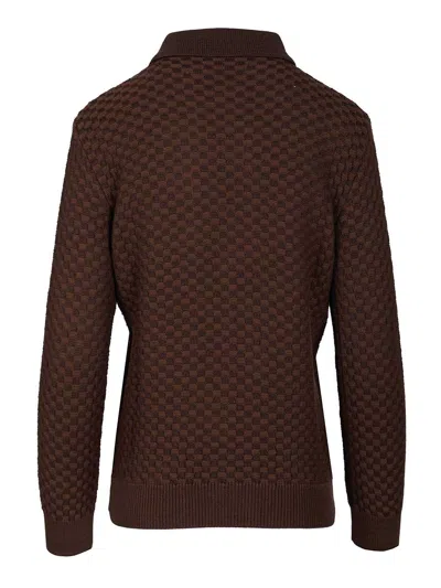 Retori Damier Wool And Silk Jacquard Button Down Cardi With Shirt Collar Knitwear Brown In Brown