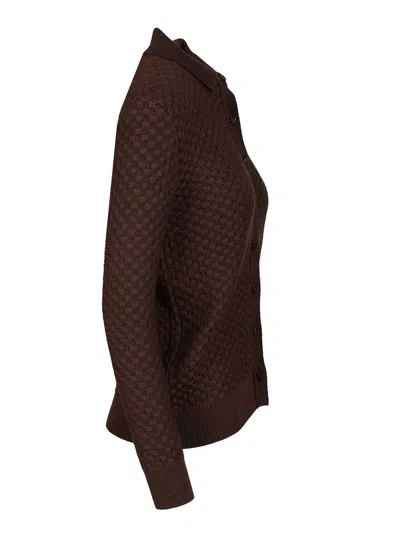 Retori Damier Wool And Silk Jacquard Button Down Cardi With Shirt Collar Knitwear Brown In Brown