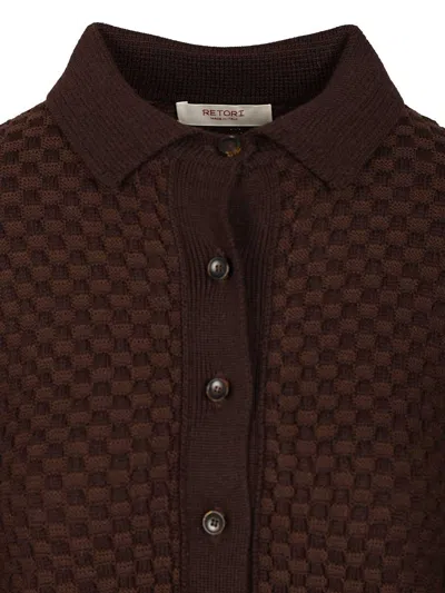 Retori Damier Wool And Silk Jacquard Button Down Cardi With Shirt Collar Knitwear Brown In Brown