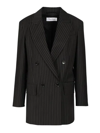 Max Mara Double-breasted Blazer In Pinstriped Wool Jackets Black In Black
