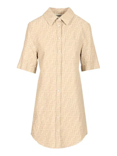 Fendi Patterned Dress With Elasticated Waist And Short Sleeves In Brown